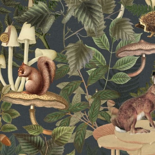 tapeta w wiewiórki i zające Rebel Walls Dreamland R18002 Wildlife Creek Forest Green