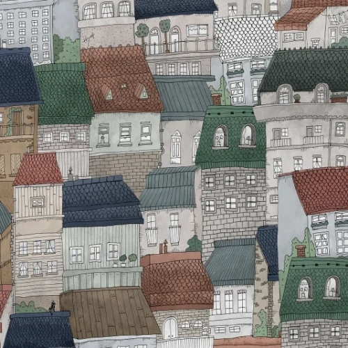 tapeta domki Rebel Walls Dreamland R18092 Dream Town Graphite