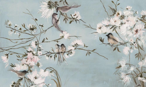 Tapeta w gałązki i ptaki Wall Art Trel Blue