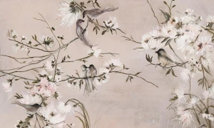 Tapeta w gałązki i ptaki Wall Art Trel Beige