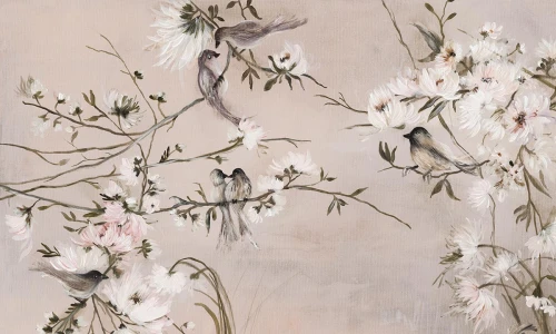 Tapeta w gałązki i ptaki Wall Art Trel Beige