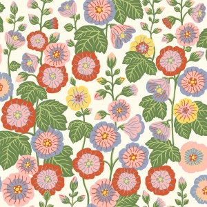 Tapeta kwiaty retro 9171 Happy Hollyhocks Flowers Borastapeter