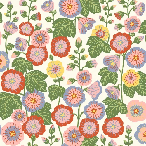 Tapeta kwiaty retro 9171 Happy Hollyhocks Flowers Borastapeter